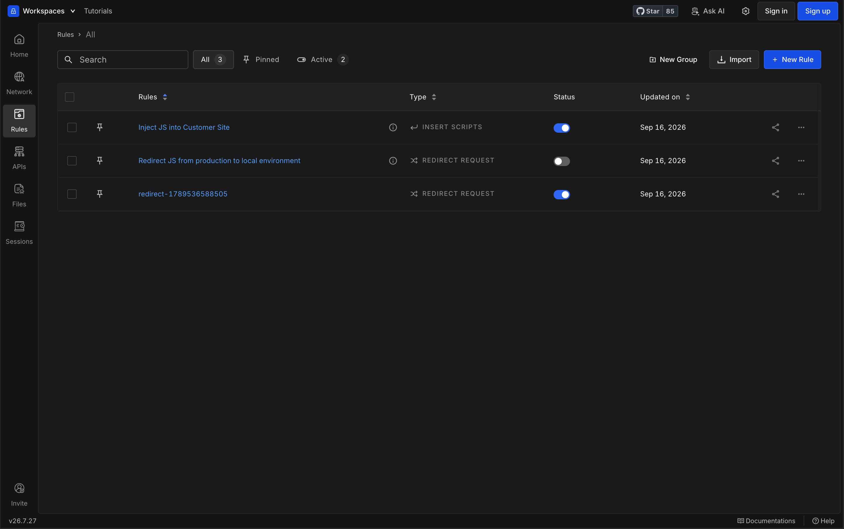 Rules listing page showing active and inactive rules in Requestly